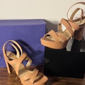 Stuart Weitzman Leather Tan Block Heel Sandals